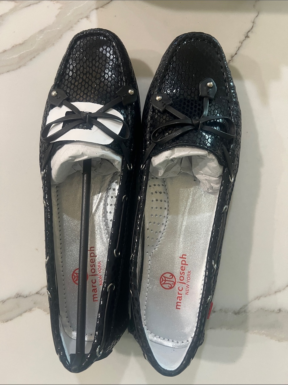 Marc Joseph Cypress Hill Black Snake-Embossed Driving Loafers with Bow